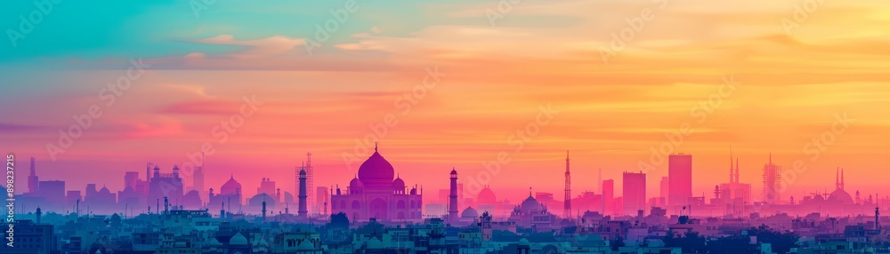 Fototapeta premium vibrant sunset over city skyline with majestic taj mahal silhouette in india.
