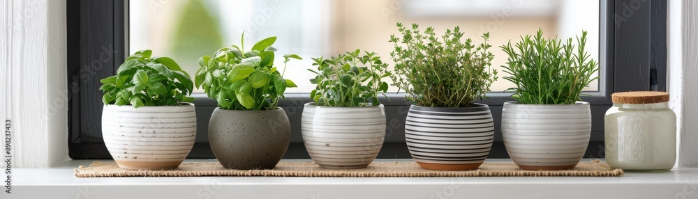 fresh green herbs in white and grey pots on windowsill with natural light - home decor, kitchen garden, indoor plants, greenery, minimalist style fresh green herbs in white and grey pots on windowsill with natural light - home decor, kitchen garden, indoor plants, greenery, minimalist style