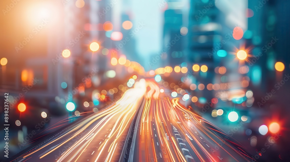 Blurred motion of city traffic lights creating vibrant streaks against an urban skyline, capturing the dynamic essence of city life at night. Blurred motion of city traffic lights creating vibrant streaks against an urban skyline, capturing the dynamic essence of city life at night.