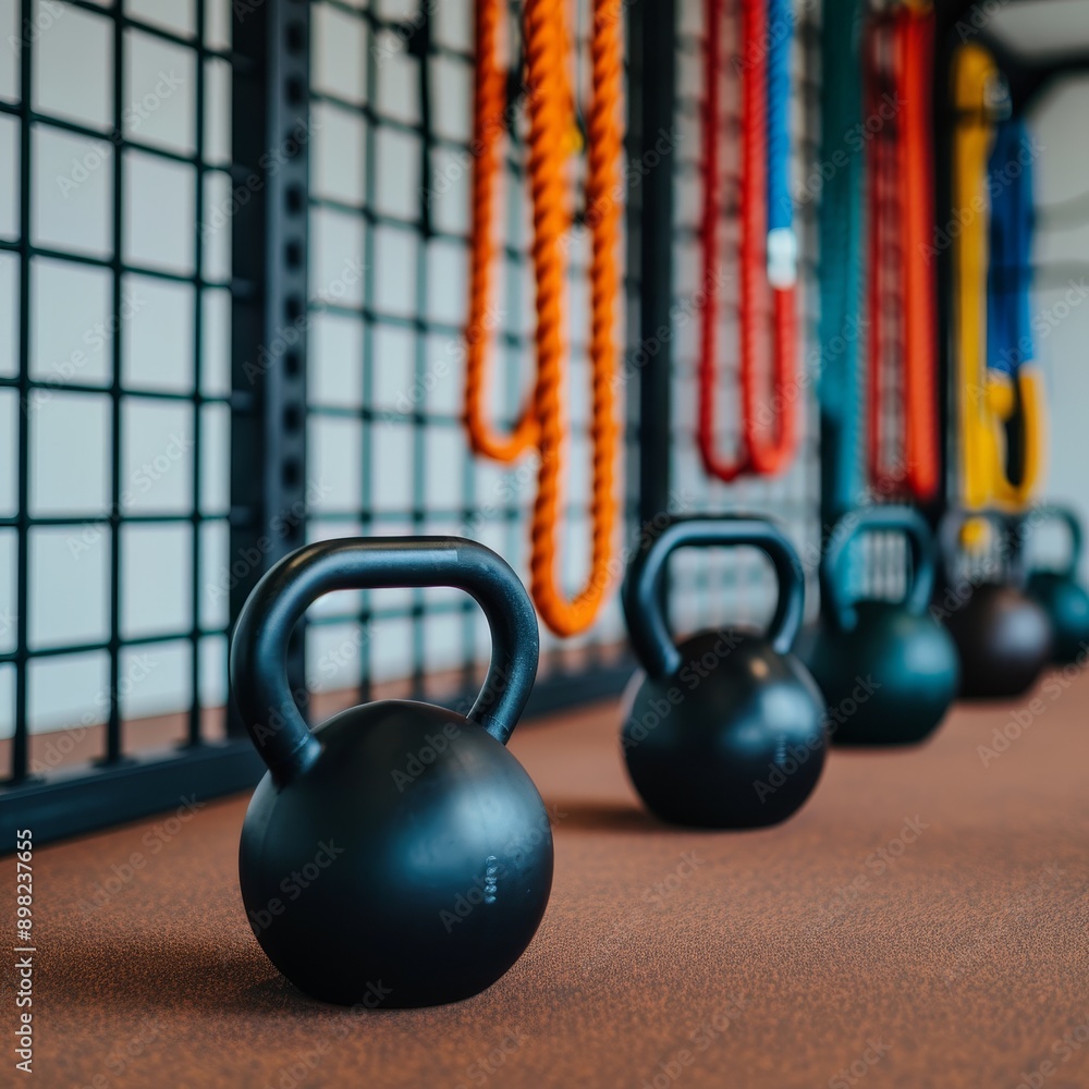 Fototapeta premium row of black kettlebells on a red rubber mat in a modern gym with colorful ropes hanging on the wall.