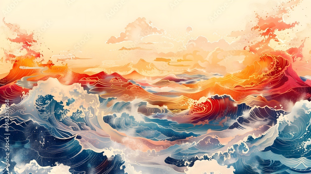 Fototapeta premium Ukoiyo-e style, Sea, minimalist design, clean lines, vibrant colors, traditional Japanese art, high detail