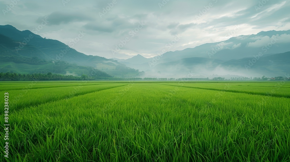 Fototapeta premium A expansive field of verdant grass stretches out before majestic mountain ranges Mountains loom in the background, their peaks reaching for distant skies Clouds scatter above, painting the