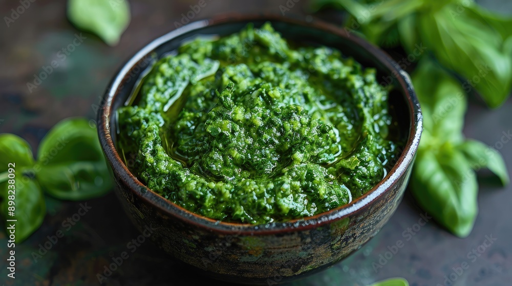 Bowl of fresh green pesto sauce. This image is perfect for illustrating recipes, food blogs, and articles about Italian cuisine. Bowl of fresh green pesto sauce. This image is perfect for illustrating recipes, food blogs, and articles about Italian cuisine.