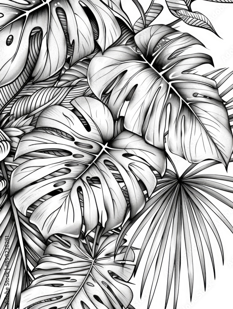 Black and white illustration of tropical leaves Black and white illustration of tropical leaves