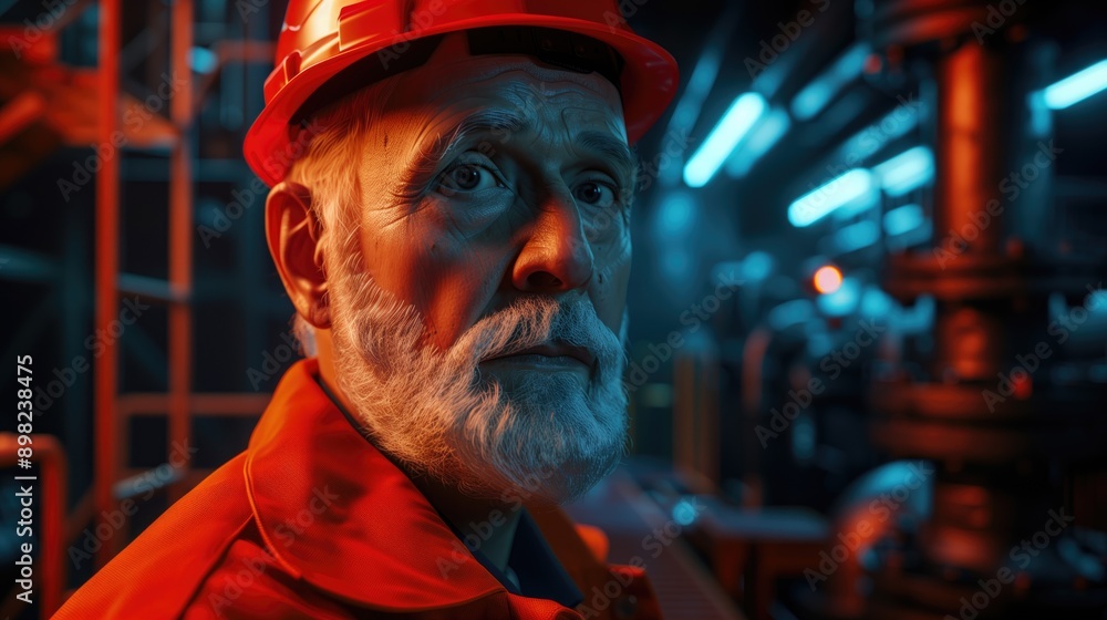 An elderly man in a work uniform and helmet in the subway tunnels or under the city. A caretaker of the city's pipes and communications. Horizontal format. An elderly man in a work uniform and helmet in the subway tunnels or under the city. A caretaker of the city's pipes and communications. Horizontal format.