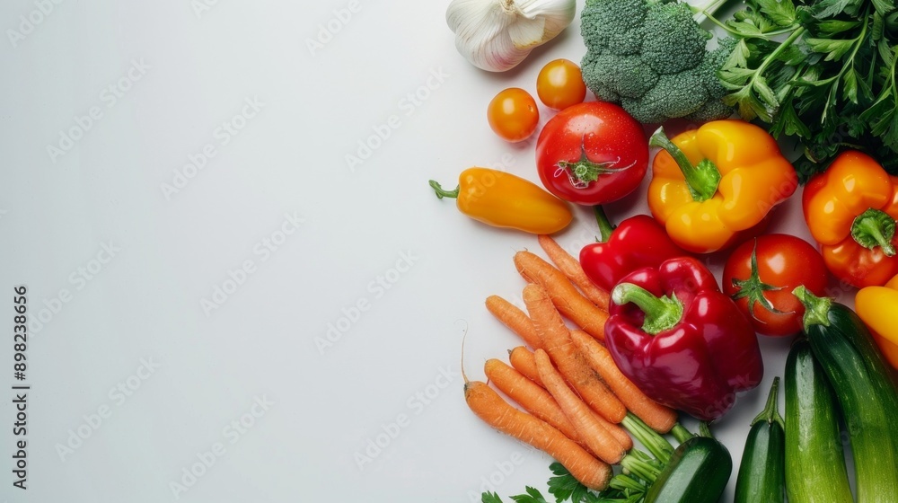 Fresh colorful vegetables arranged on a white background. Healthy food concept. Ideal for cooking blogs or recipe websites. Vibrant mix of peppers, tomatoes, broccoli, and more. AI Fresh colorful vegetables arranged on a white background. Healthy food concept. Ideal for cooking blogs or recipe websites. Vibrant mix of peppers, tomatoes, broccoli, and more. AI