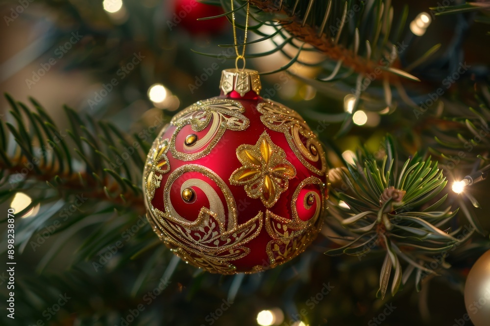 Christmas tree decoration with baubles and lights bokeh background Christmas tree decoration with baubles and lights bokeh background
