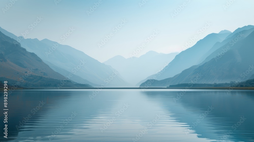 A fog-shrouded lake nestled between mountains, with a solitary boat adrift in its center A fog-shrouded lake nestled between mountains, with a solitary boat adrift in its center