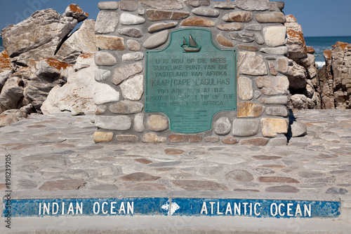 The geographic sign of the Southernmost African point where the Indian Ocean joins with the Atlantic Ocean in Cape Agulhas