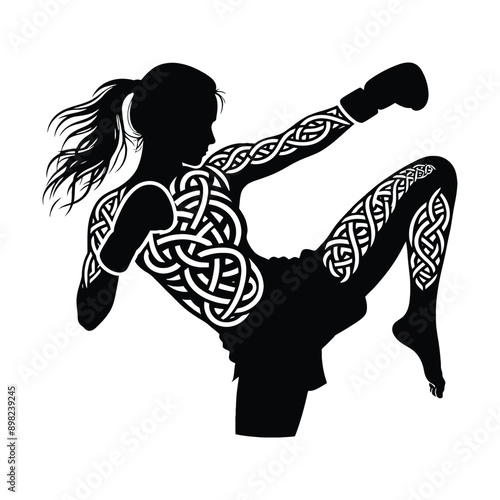 Boxing, Kickboxing   female player in celtic knot pattern illustration, emblem shield badge