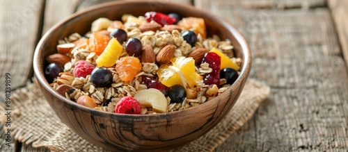 Delicious oatmeal with a mix of fruits and nuts displayed in a bowl on a rustic wooden surface creating room for a caption in the image. Creative banner. Copyspace image