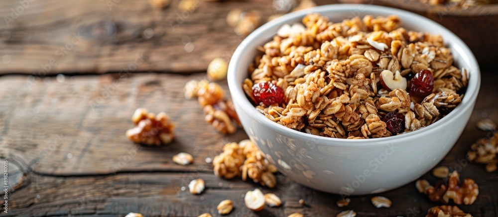 Copy space image of a bowl filled with homemade organic granola featuring oats and walnuts Copy space image of a bowl filled with homemade organic granola featuring oats and walnuts