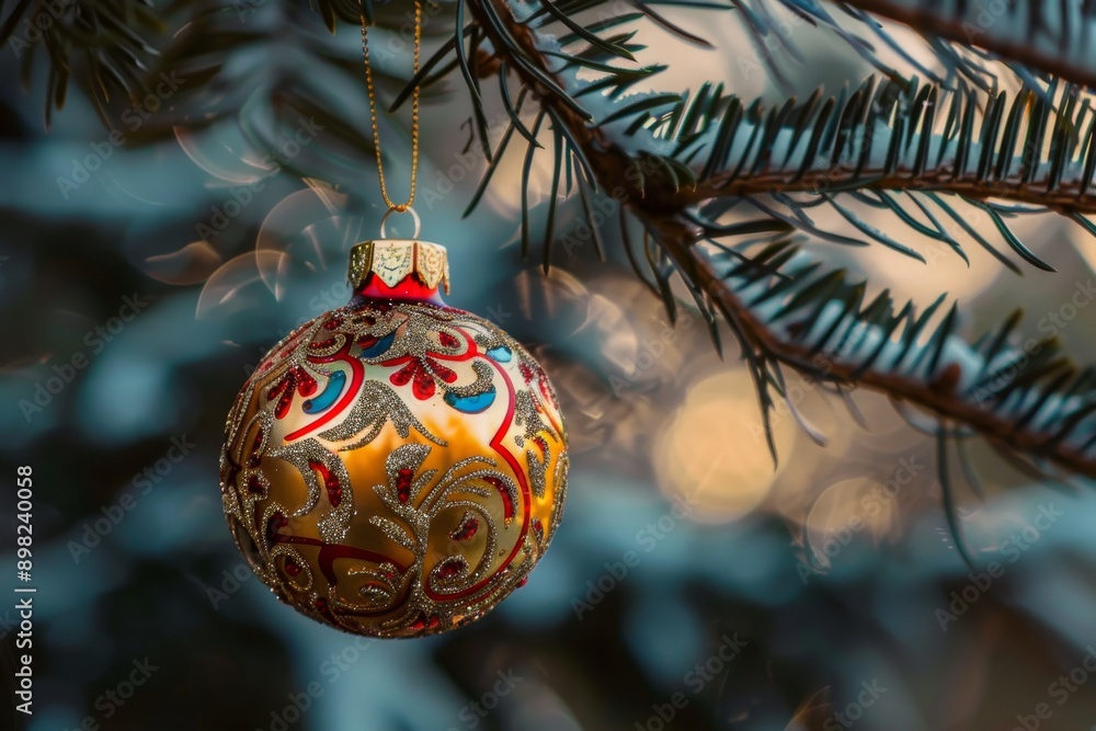 Christmas ball on a branch of a Christmas tree. New Year's background. Christmas ball on a branch of a Christmas tree. New Year's background.
