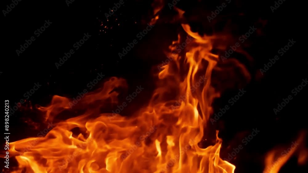 Fire flames on black background. Closeup of burning hot bonfire fire sparks. Fire Particles over black background with smoke. 4k video. Fast burning flames Fire flames on black background. Closeup of burning hot bonfire fire sparks. Fire Particles over black background with smoke. 4k video. Fast burning flames