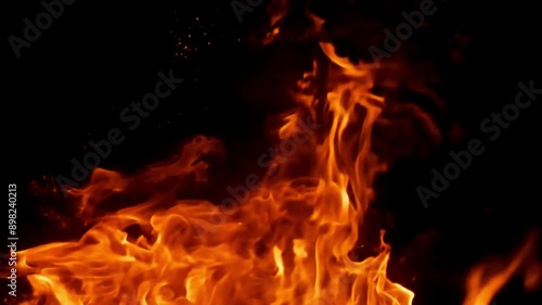 Fire flames on black background. Closeup of burning hot bonfire fire sparks. Fire Particles over black background with smoke. 4k video. Fast burning flames