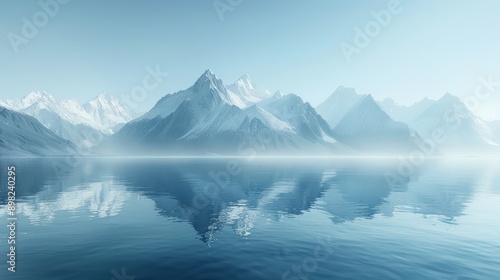  A large body of water lies before a backdrop of mountain ranges, with a fog-filled sky hovering near