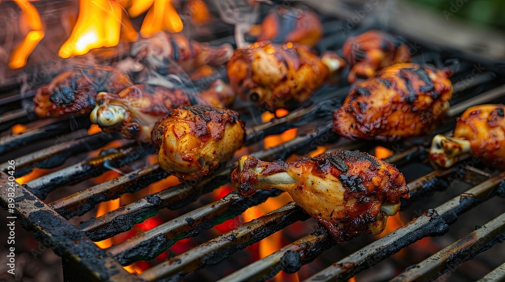 Chicken drumsticks are grilling on a hot BBQ. This photo is perfect for illustrating recipes, articles, or blogs related to grilling or summer food. Chicken drumsticks are grilling on a hot BBQ. This photo is perfect for illustrating recipes, articles, or blogs related to grilling or summer food.