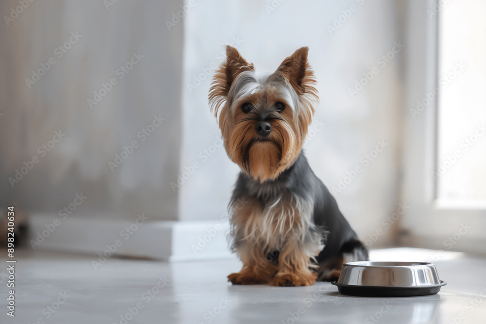 Yorkshire Terrier waiting for food at an empty bowl Yorkshire Terrier waiting for food at an empty bowl