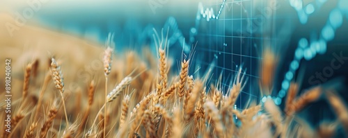 Golden wheat field with financial stock market graph overlay, symbolizing agricultural economics and trading trends in the farming sector.