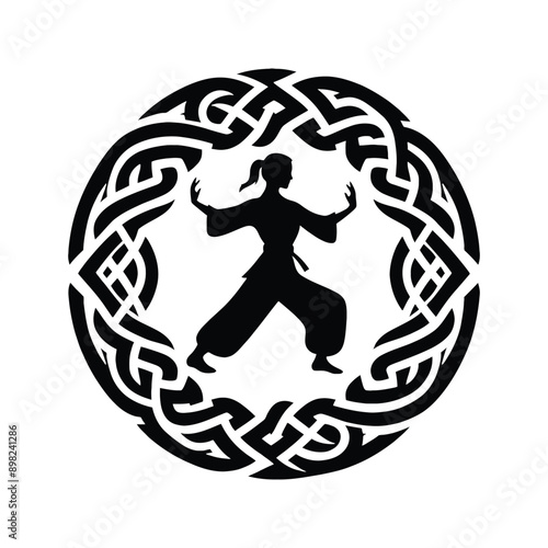 kungfu, Tai Chi  female player in celtic knot pattern illustration, emblem shield badge