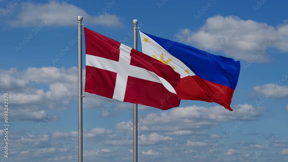 Philippines and Denmark flags flying together, video concept of the relationship, two country cooperation concept Philippines and Denmark flags flying together, video concept of the relationship, two country cooperation concept