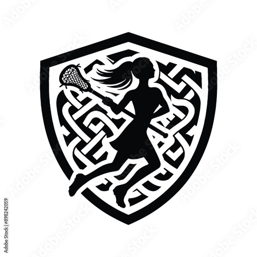 Lacrosse  female player in celtic knot pattern illustration, emblem shield badge
