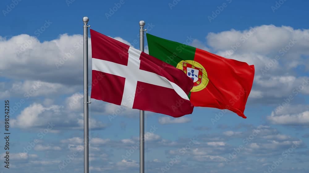 Portugal and Denmark flags flying together, video concept of the relationship, two country cooperation concept Portugal and Denmark flags flying together, video concept of the relationship, two country cooperation concept