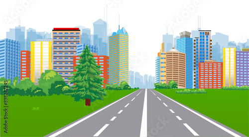 View of highway leading to modern city. Vector illustration.