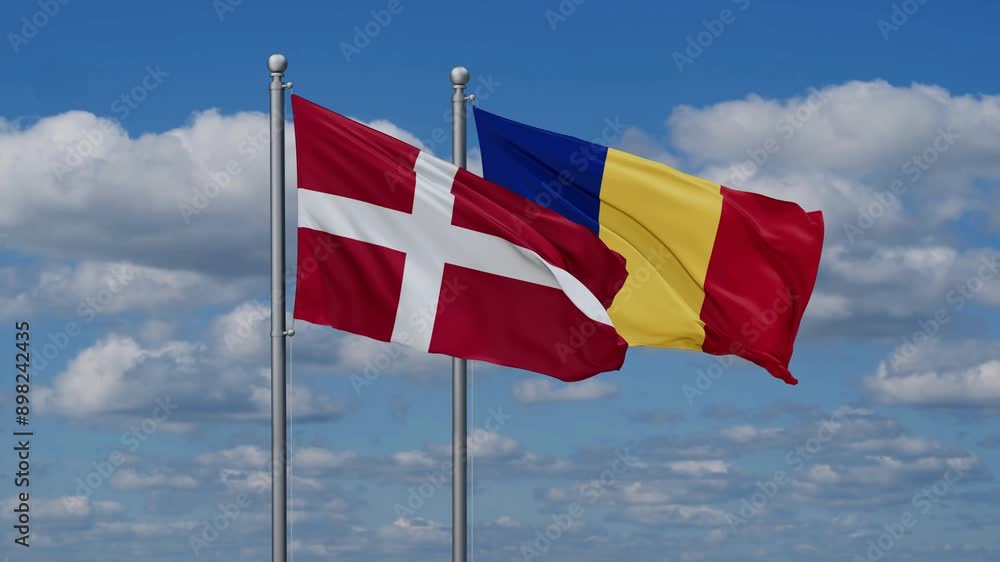 Romania and Denmark flags flying together, video concept of the relationship, two country cooperation concept Romania and Denmark flags flying together, video concept of the relationship, two country cooperation concept