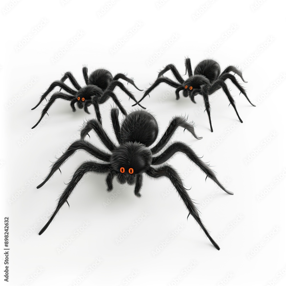 Fototapeta premium evil black hairy spiders with orange eyes on white background halloween decorations festive element