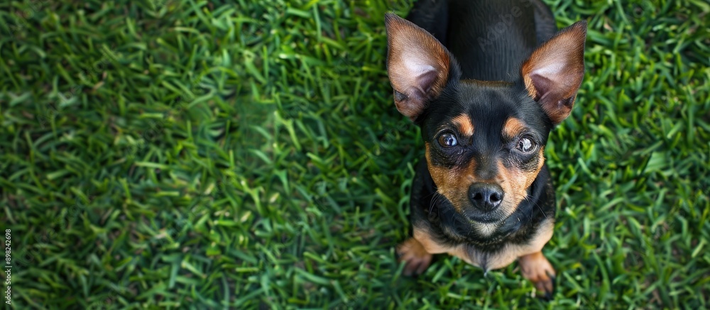 A cute Toy Terrier standing on green grass seen from above in a domestic setting with copy space image A cute Toy Terrier standing on green grass seen from above in a domestic setting with copy space image