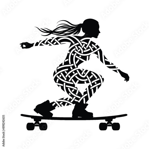Skateboarding, longboarding  female player in celtic knot pattern illustration, emblem shield badge