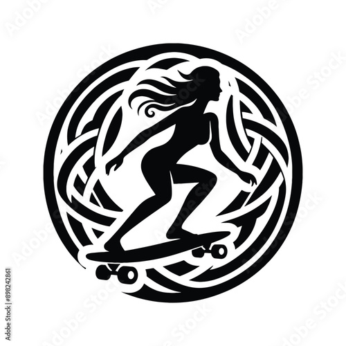 Skateboarding, longboarding  female player in celtic knot pattern illustration, emblem shield badge