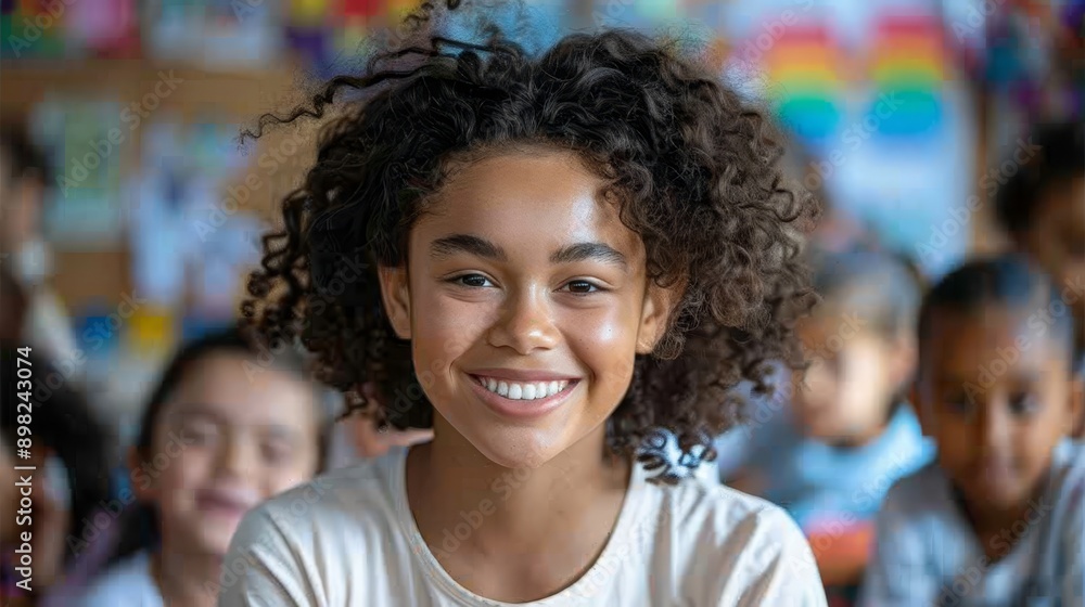A person with a smiling face is depicted in a close-up shot Children are present in the background A person with a smiling face is depicted in a close-up shot Children are present in the background