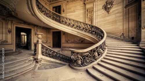 A grand ornate staircase winds its way up to an unknown destinat photo