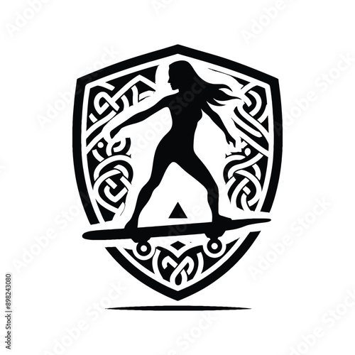 Skateboarding, longboarding  female player in celtic knot pattern illustration, emblem shield badge