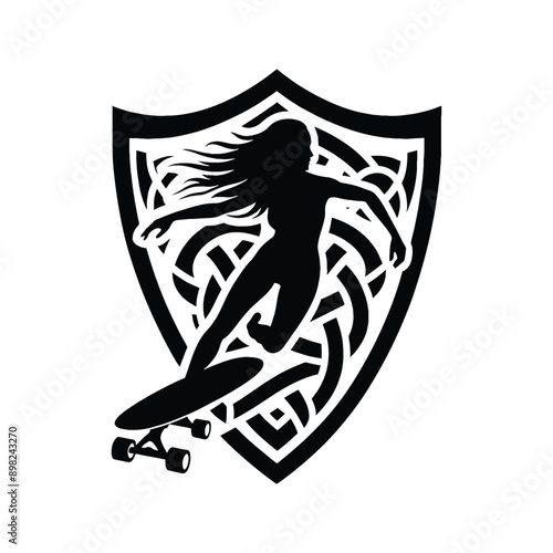 Skateboarding, longboarding  female player in celtic knot pattern illustration, emblem shield badge