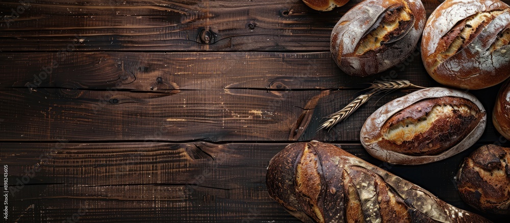 Dark rustic wooden background with homemade bread and loaf perfect for copy space image Dark rustic wooden background with homemade bread and loaf perfect for copy space image