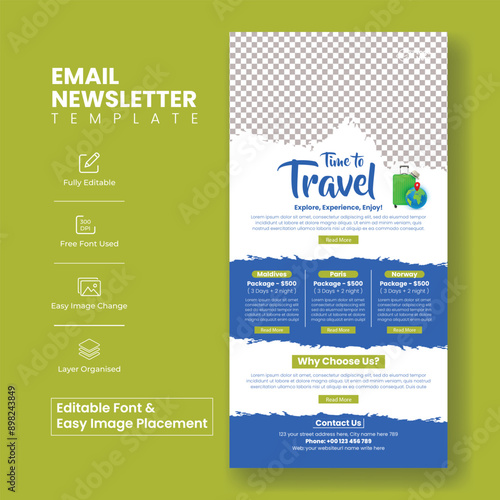 travel and tourism email newsletter Editable template for travel blogger email marketing landing page , vertical travel poster or roll up banner, 
web page header layout template design