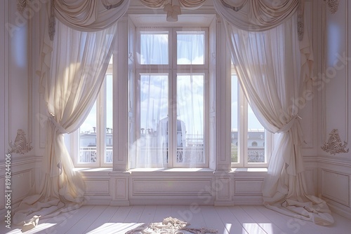 Elegant white curtains and window. Perfect for designs about interior, home, and luxury.