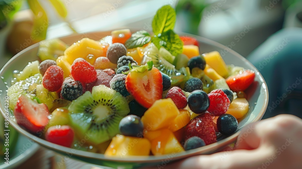 A person eating a fresh fruit salad on a bright morning A person eating a fresh fruit salad on a bright morning