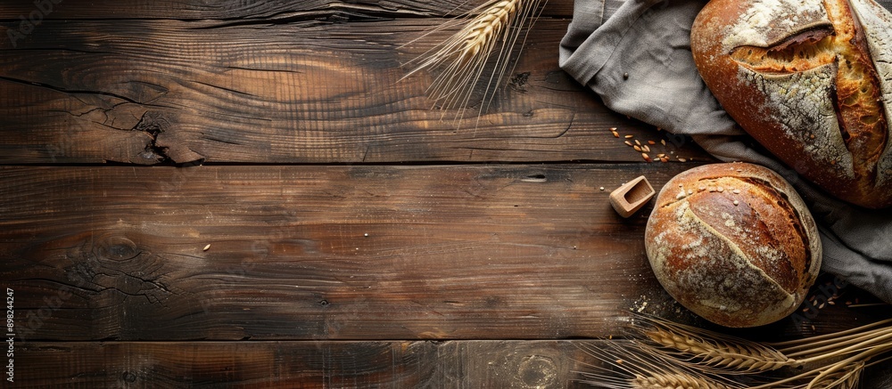 Dark rustic wooden background with homemade bread and loaf perfect for copy space image Dark rustic wooden background with homemade bread and loaf perfect for copy space image