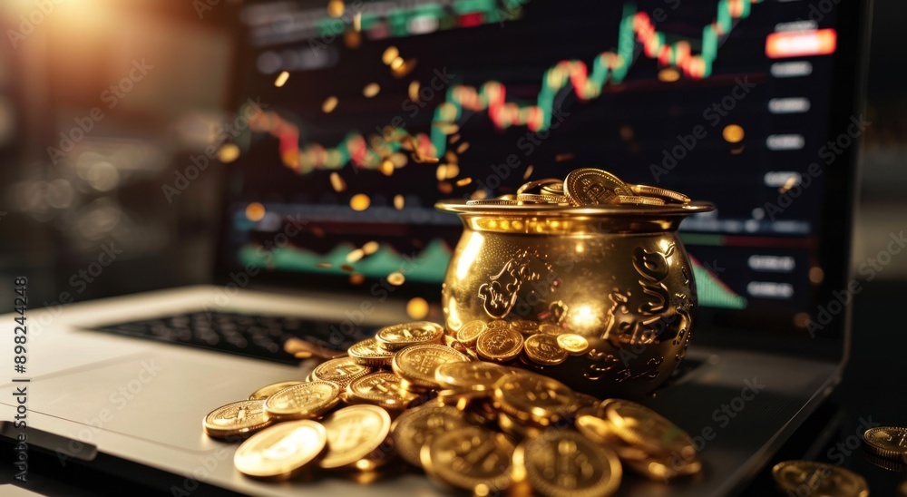 Bitcoin in Golden Pot with Market Chart Background. Trading win concept. Bitcoin in Golden Pot with Market Chart Background. Trading win concept.