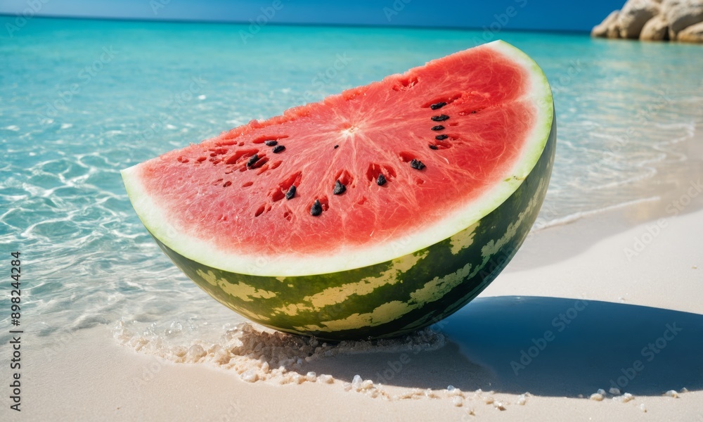 Watermelon slice on a white sand beach with turquoise water Watermelon slice on a white sand beach with turquoise water