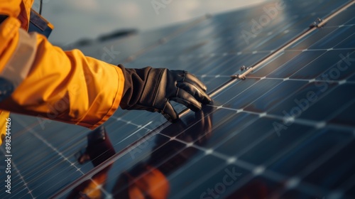 worker's hands are checking solar panels
