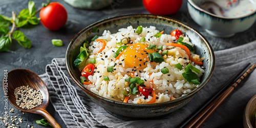 boiled rice with vegetables. Japanese style breakfast