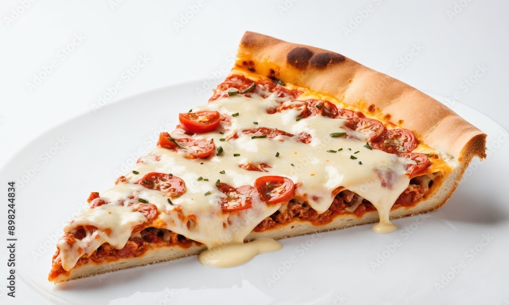 Pizza slice with melted cheese and tomato topping Pizza slice with melted cheese and tomato topping