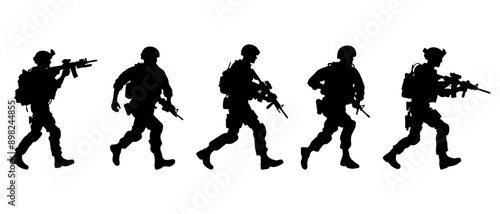Soldier with weapon. Silhouette collection of running male soldier carrying machine gun black filled vector Illustration icon.