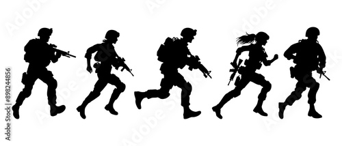 Soldier with gun. Silhouette collection of running male and female soldier carrying machine gun weapon black filled vector Illustration icon.
