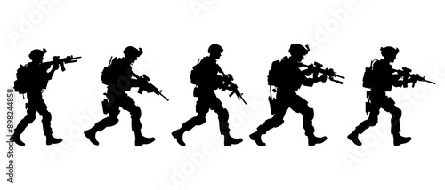 Soldier with gun. Silhouette collection of running male soldier carrying machine gun weapon black filled vector Illustration icon.